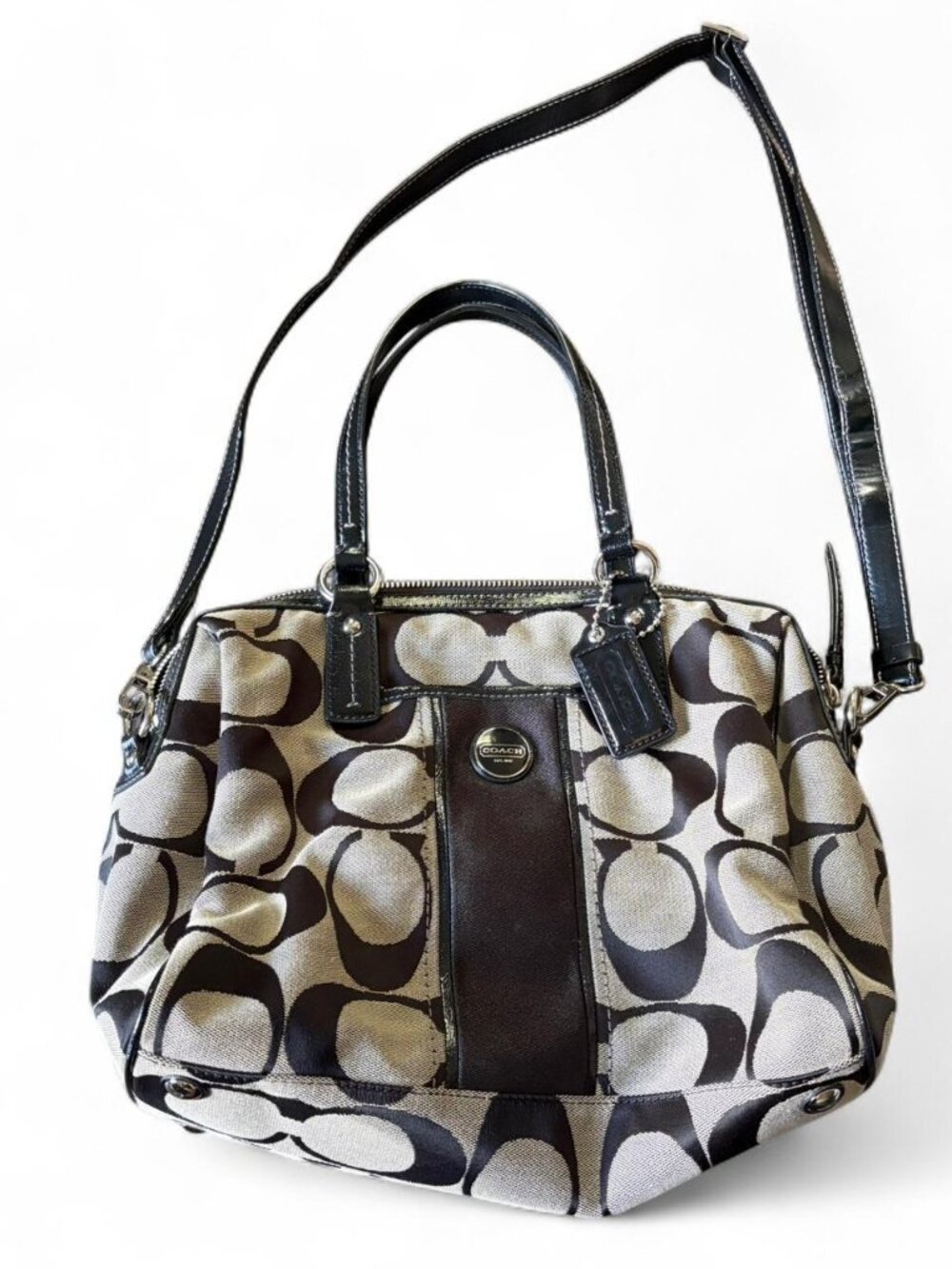 Coach Signature Canvas Satchel Bag with black and beige repeating C logo pattern